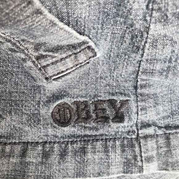 Obey ♡ Double Breasted Lightweight Chambray Jacket w Wooden Buttons - Picture 6 of 10